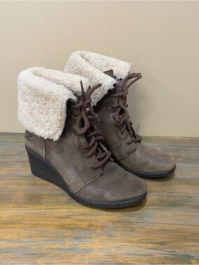 UGG Zea Uptown Wedge Fold Down Ankle Boots Brown Leather Womens 8